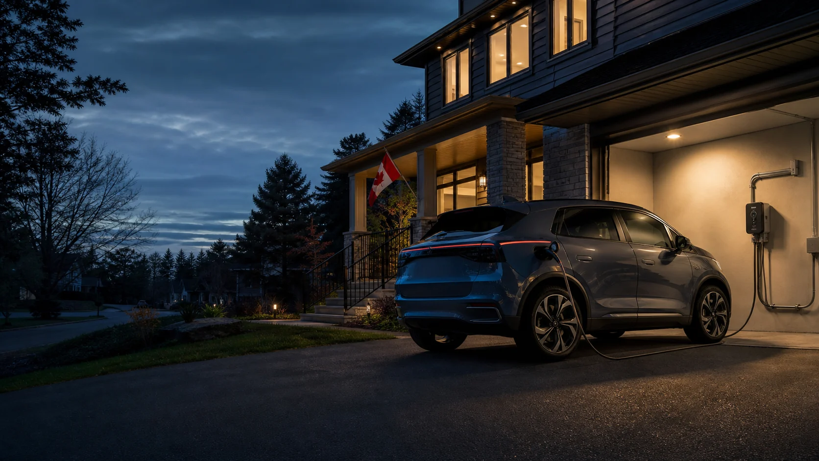 An electric vehicle charging at a Canadian home at dusk